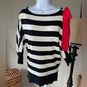 New York & Company Black and White Striped Sweater with Red Bow